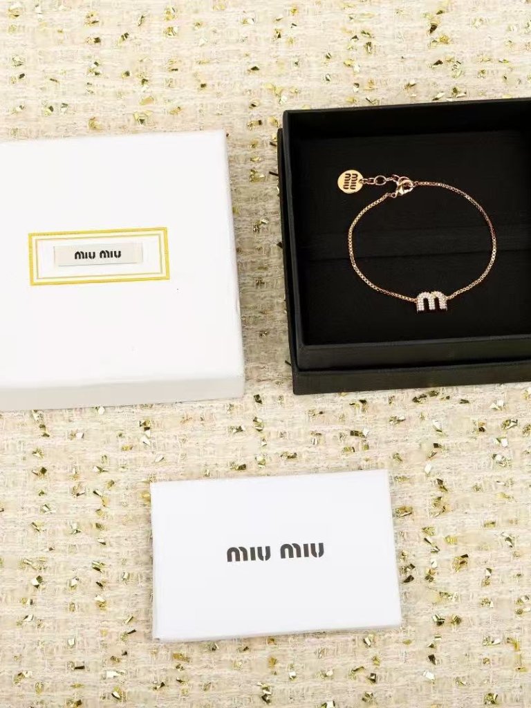 Miu Miu Rose Gold Delicate Bracelet With Diamond-Set 'M' Charm